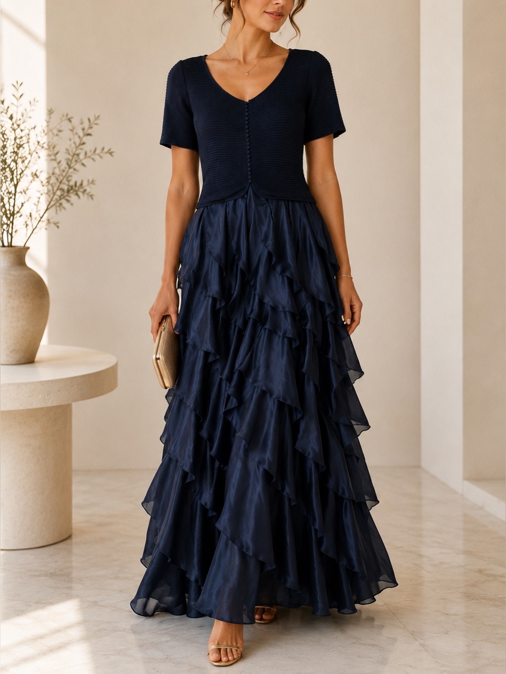 Carolina Herrera 100% Silk Navy Tiered Ruffle Evening Dress Pleated Bodice 12